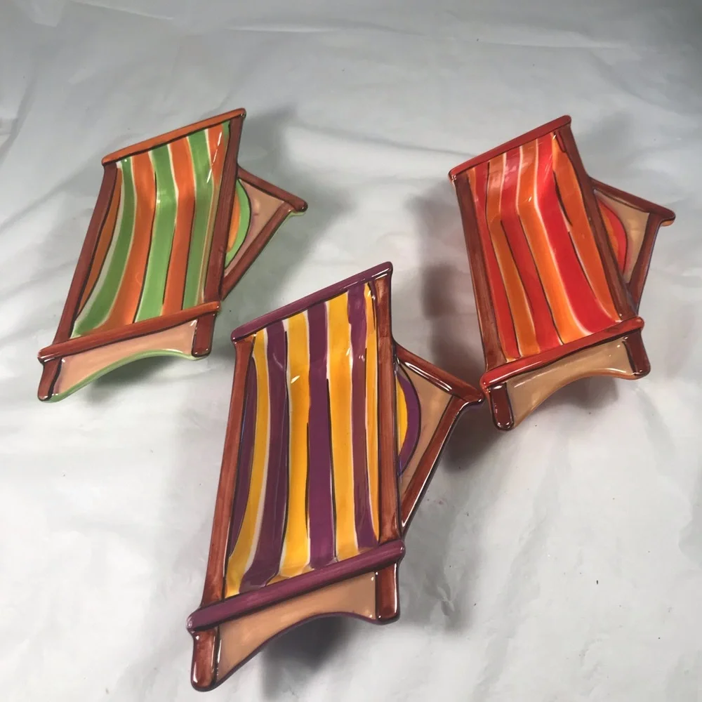 Clay Art Set of 3 Colorfully Striped Ceramic Serving Dip Chip Condiment Bowls
